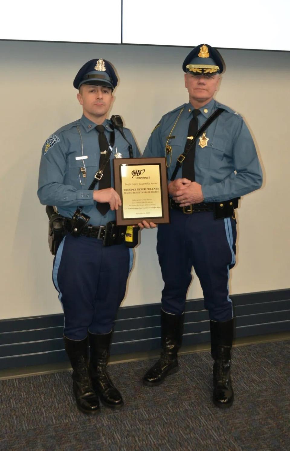 State Trooper Pete Pollard, left, pictured with Col. Christopher Mason, was recently named a "Traffic Safety Hero" by AAA Northeast.