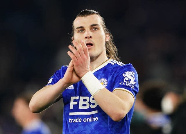 Leicester City’s Caglar Soyuncu applauds the fans following the UEFA Europa Conference League round of sixteen first leg match at the King Power Stadium, Leicester