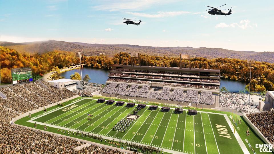 An artist rendering of how the new East stands at West Point's Michie Stadium will look upon completion of the renovation, from the West stands viewpoint. ARMY ATHLETICS