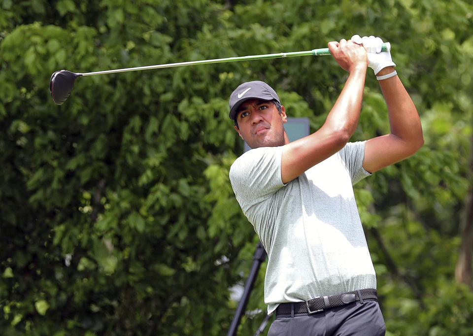 Tony Finau hits off the sixth tee in the final round of the Charles Schwab Challenge golf tournament Sunday, May 26, 2019 in Fort Worth, Texas. (AP Photo/ Richard W. Rodriguez)
