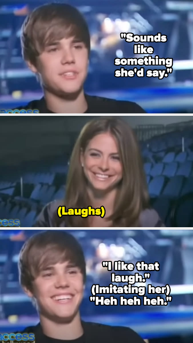 Justin Bieber and Maria Menounos laugh during an interview. Bieber mimics her laugh, saying, "Sounds like something she'd say," and “Heh heh heh.”