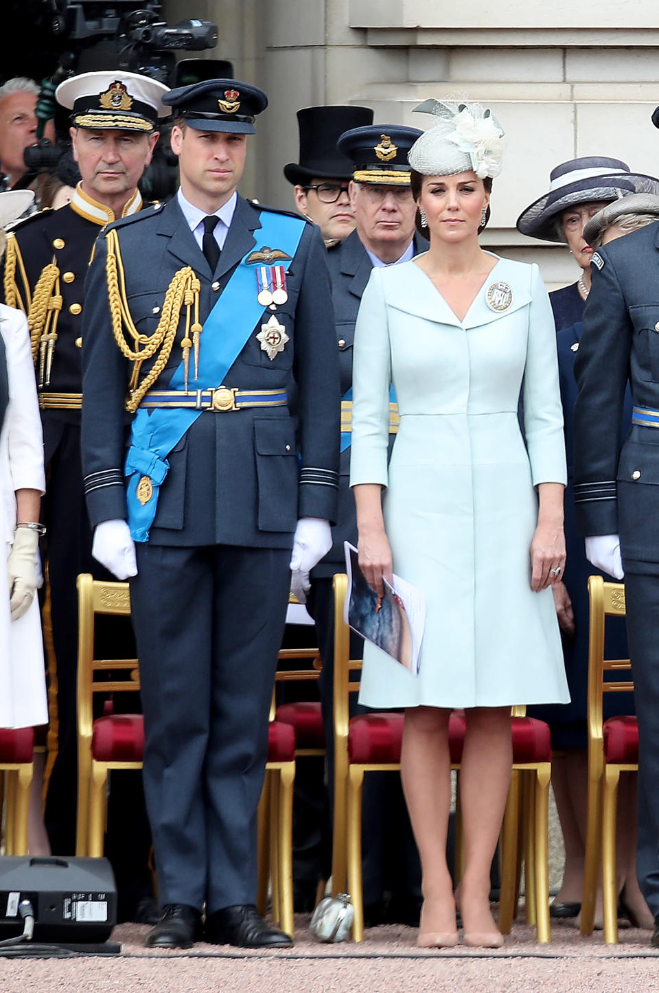 <p>The Duchess of Cambridge wore an ice blue dress by Alexander McQueen for the RAF’s centenary celebrations on July 10, 2018. <em>[Photo: Getty]</em> </p>