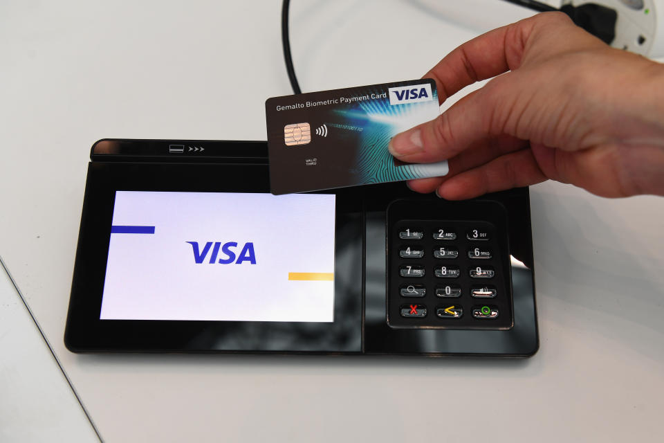NEW YORK, NY - JANUARY 16:  Visa showcases a contactless card authenticated through biometrics at the Visa Innovation Lab at the National Retail Federation's Big Show on January 16, 2018 in New York City.   (Photo by Dave Kotinsky/Getty Images for Visa)