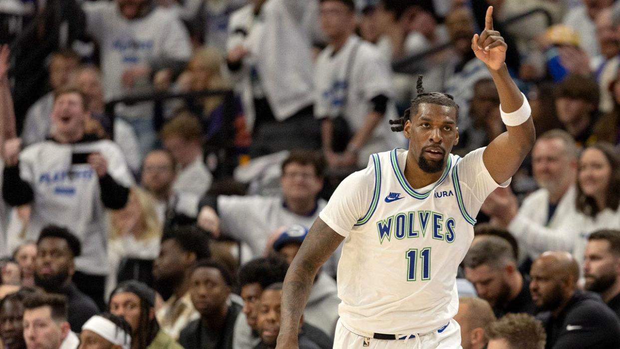 <div>Naz Reid (11) of the Minnesota Timberwolves reacts after making a three pointer in the fourth quarter on Saturday, April 20, 2024, at Target Center in Minneapolis, Minn. NBA playoffs, first round, Minnesota Timberwolves vs. Phoenix Suns, Game 1, Target Center, Minneapolis, Minn.</div> <strong>(Getty Images)</strong>