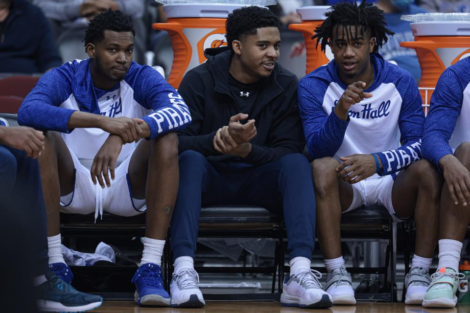 Seton Hall guard Brandon Weston, center, talks with teammates during the game against Butler on Feb. 23 in Newark, N.J.