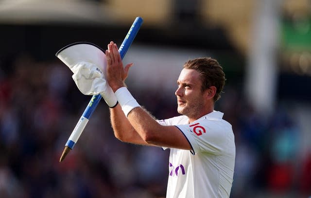 Stuart Broad acknowledges the crowd as he walks off the pitch for the last time