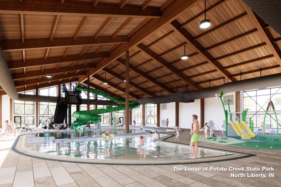 The indoor aquatic center would be a key feature in the inn at Potato Creek State Park in North Liberty, as seen in this illustration.