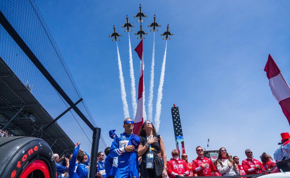 The first of two flyovers at the 2022 Indianapolis 500, courtesy of the U.S. Air Force Thunderbirds.