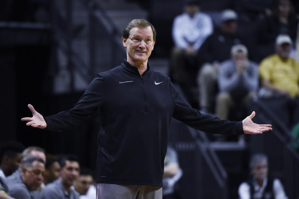 Oregon coach Dana Altman reacts to a call during the first half of the team's NCAA college basketball game against California on Thursday, March 2, 2023, in Eugene, Ore. (AP Photo/Andy Nelson)