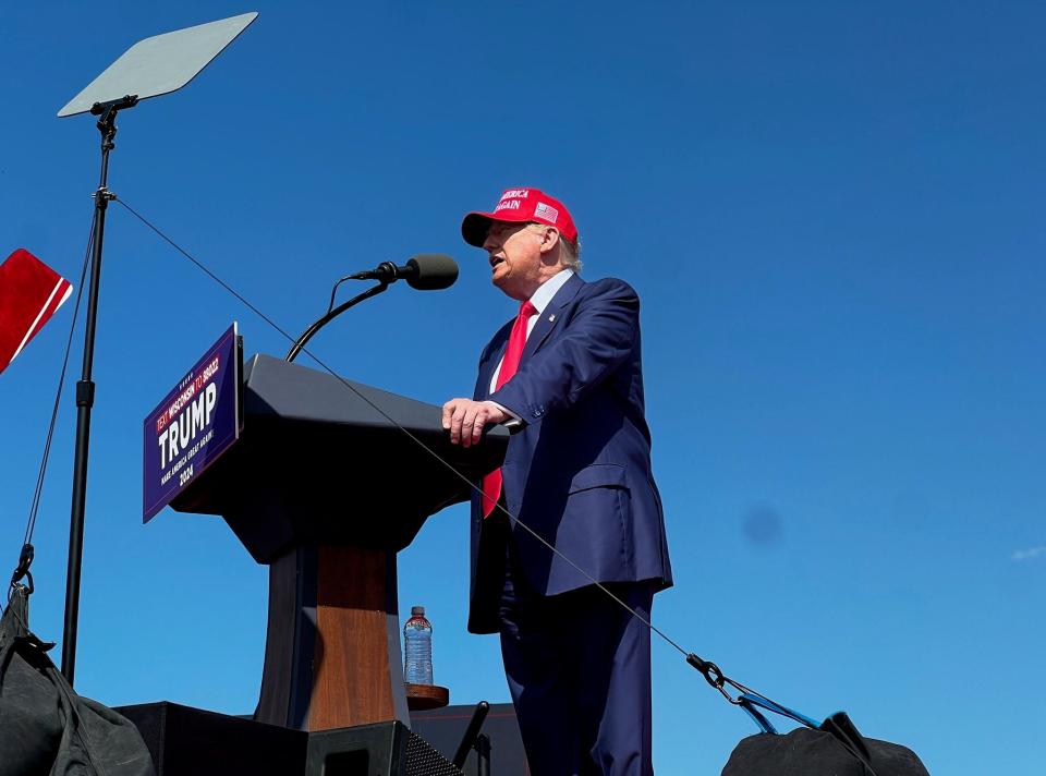 Former President Donald Trump speaks at a rally at Racine Festival Park on Tuesday June 18, 2024.