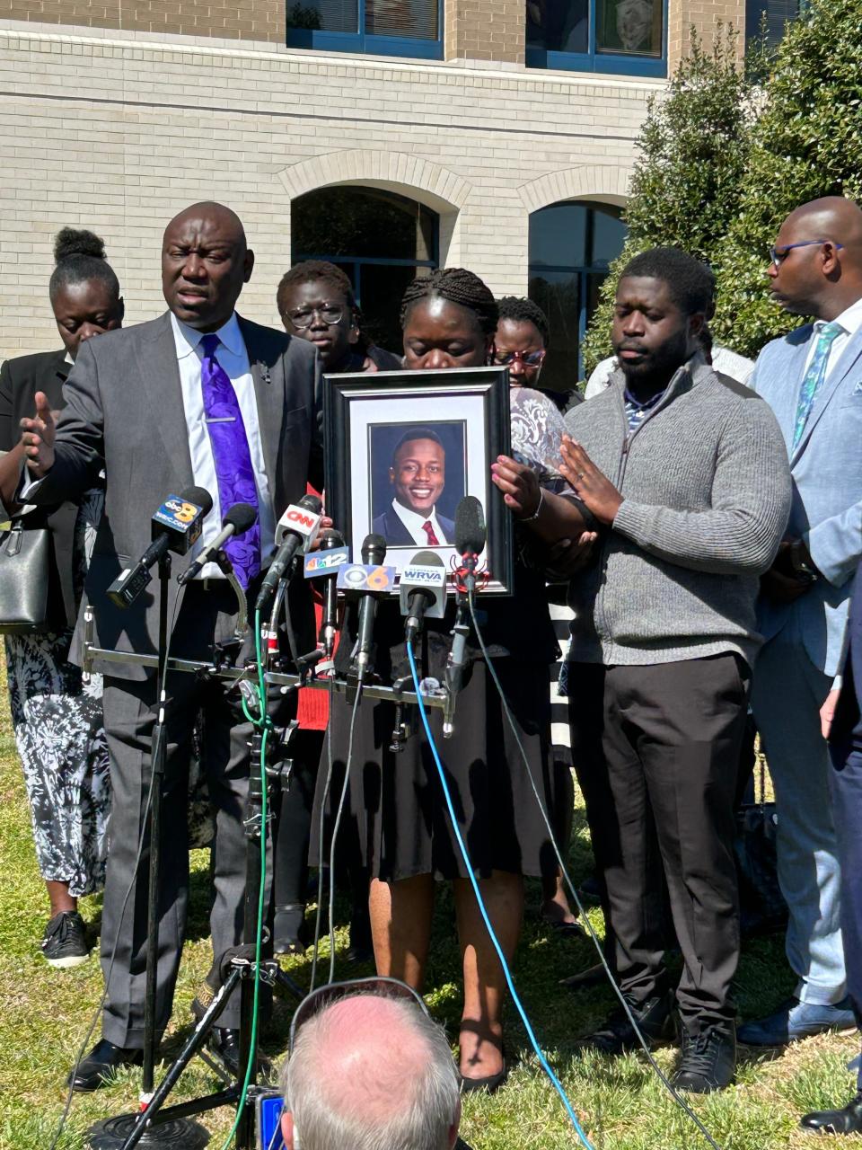 Civil-rights attorney Ben Crump, left, speaks at a news conference Thursday, March 16, 2023 in Dinwiddie County. Joining him are members of Irvo Otieno's family.