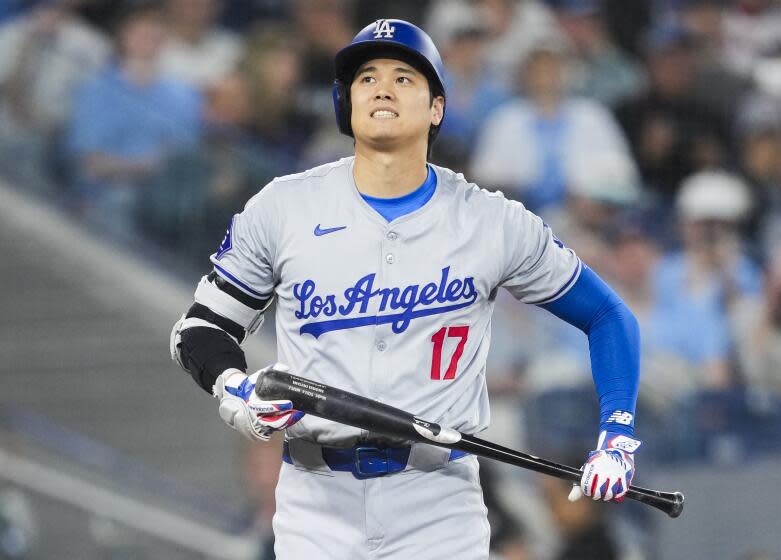 TORONTO, ON - APRIL 28: Shohei Ohtani #17 of the Los Angeles Dodgers reacts.