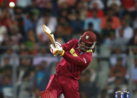 Cricket - West Indies v England - World Twenty20 cricket tournament - Mumbai, India, 16/03/2016. West Indies Chris Gayle plays a shot. REUTERS/Danish Siddiqui