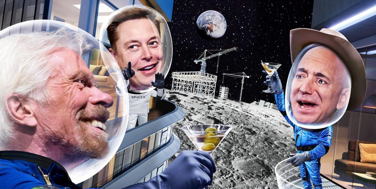 richard branson, elon musk, and jeff bezos on the moon