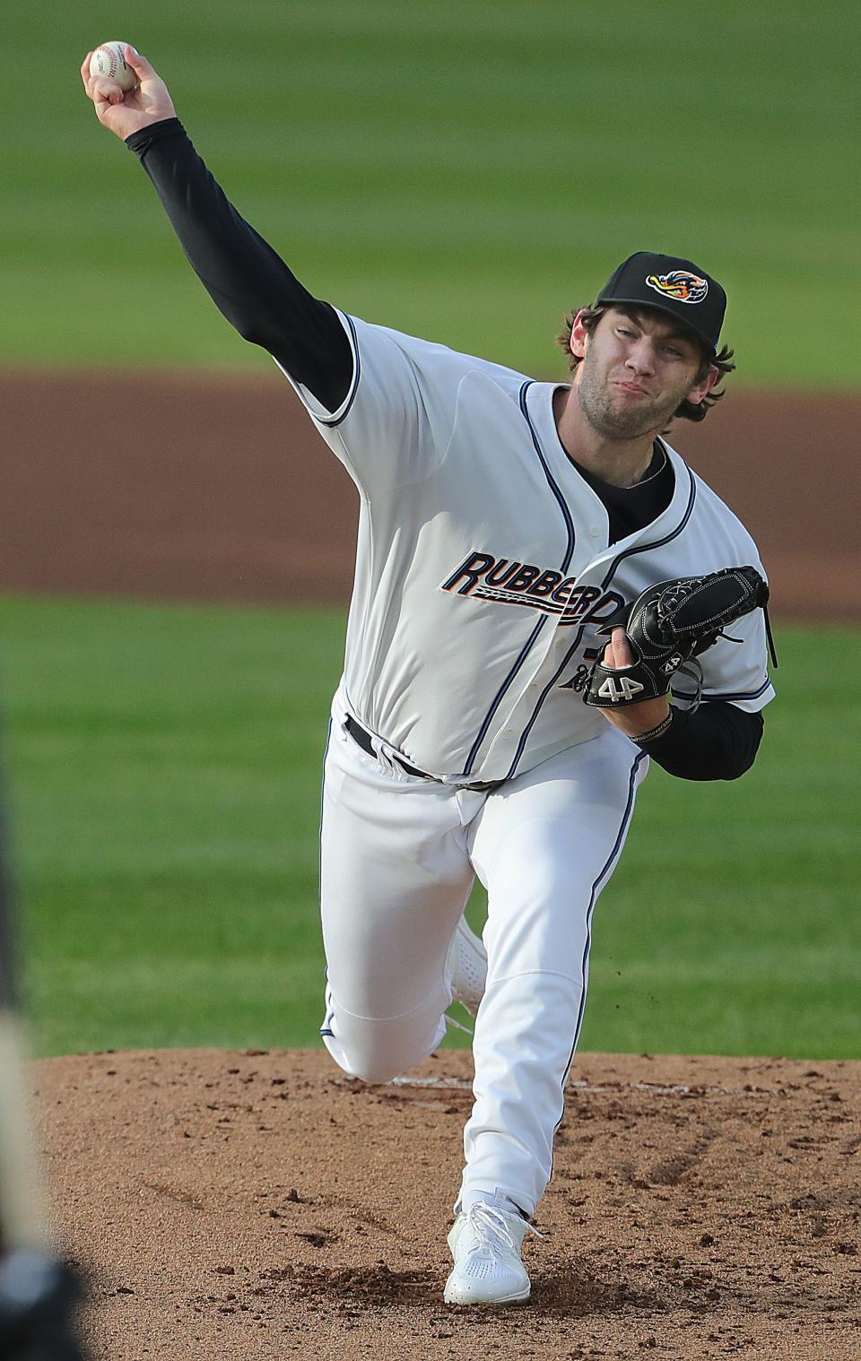 Akron RubberDucks pitcher Gavin Williams throws a first inning pitch against Erie on Thursday, April 6, 2023 in Akron, Ohio, at Canal Park.