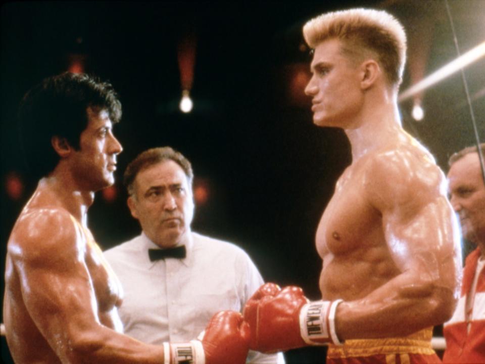 Sylvester Stallone and Dolph Lundgren on the set of "Rocky IV."