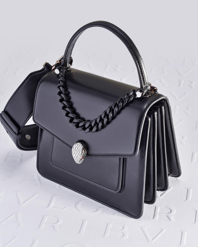 BVLGARI Serpenti Forever Woven Chain Leather Shoulder Bag in Black