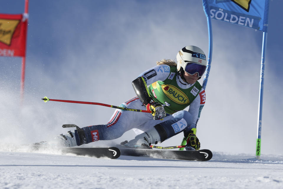 Norway's Ragnhild Mowinckel speeds down the course during the first run of an alpine ski, women's World Cup giant slalom race, in Soelden, Austria, Saturday, Oct. 28, 2023. (AP Photo/Alessandro Trovati)