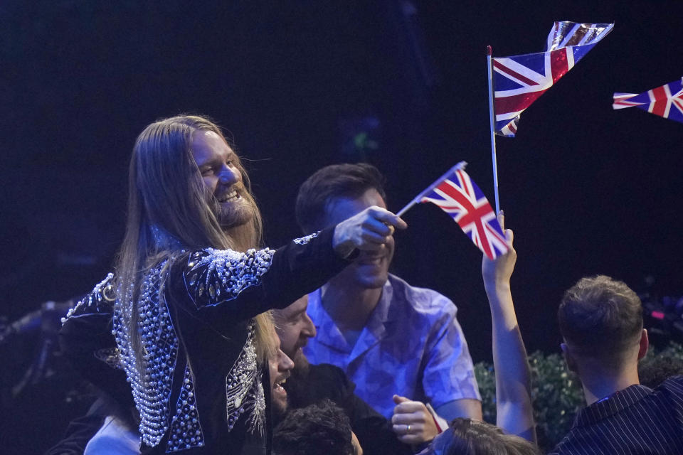 Sam Ryder from United Kingdom reacts during the Grand Final of the Eurovision Song Contest at Palaolimpico arena, in Turin, Italy, Saturday, May 14, 2022. (AP Photo/Luca Bruno)