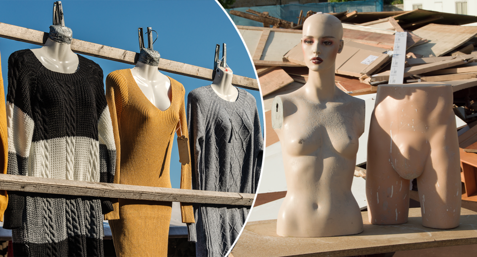 Left - clothes hanging up outside on a rack. Right - discarded manequins.