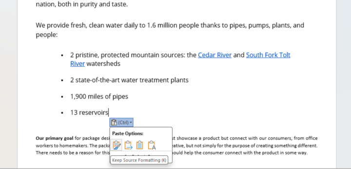 An example Word document with the new Pasting options.