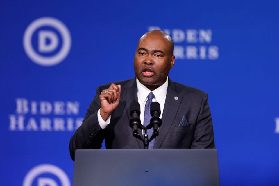 Democratic National Committee Chairman Jaime Harrison speaks before introducing Vice President Kamala Harris at the Democratic National Committee winter meeting on Feb. 3, 2023, in Philadelphia, Pennsylvania.