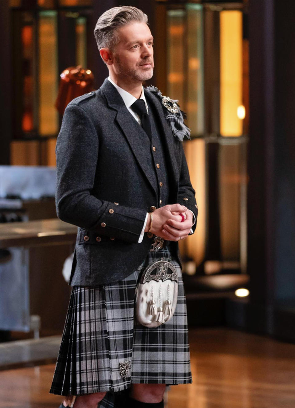 Jock Zonfrillo wearing a kilt on MasterChef