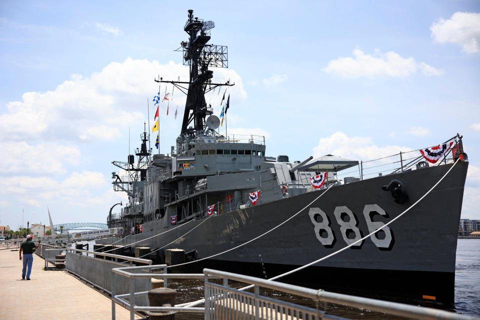 The USS Orleck has been docked along the Northbank Riverwalk in front of the Hyatt Regency hotel in downtown Jacksonville since it arrived in March 2022.