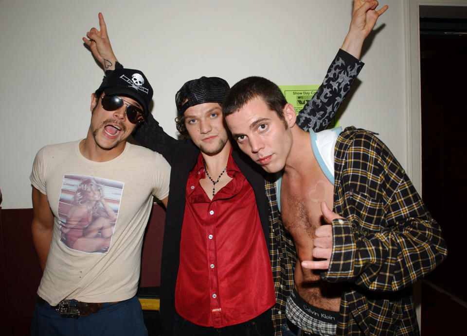 Johnny Knoxville, Bam Margera, and Steve-O of Jackass backstage at the 2002 MTV Video Music Awards at Radio City Music Hall in New York City,  August 29, 2002.  Photo by Frank Micelotta/ImageDirect.