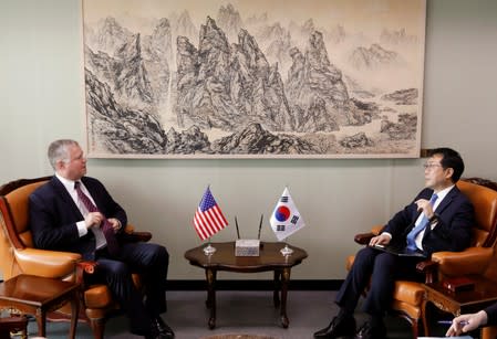 U.S. special envoy for North Korea Stephen Biegun talks with his South Korean counterpart Lee Do-hoon during their meeting at the Foreign Ministry in Seoul
