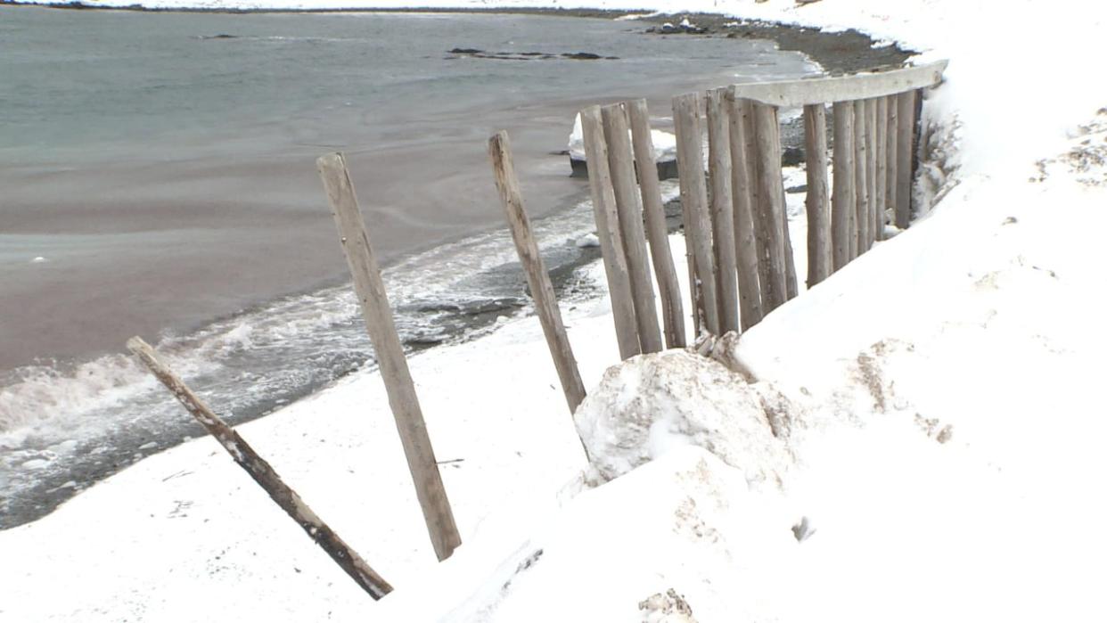 A seawall in Bonavista is looking a little thinner after the historic storm on Jan. 17, 2019. The storm broke through seawall fixtures in several locations around the community. (Garrett Barry/CBC - image credit)