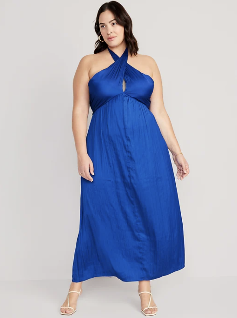 plus size model wearing cobalt blue Fit & Flare Wrap-Neck Satin Maxi Dress (Photo via Old Navy)