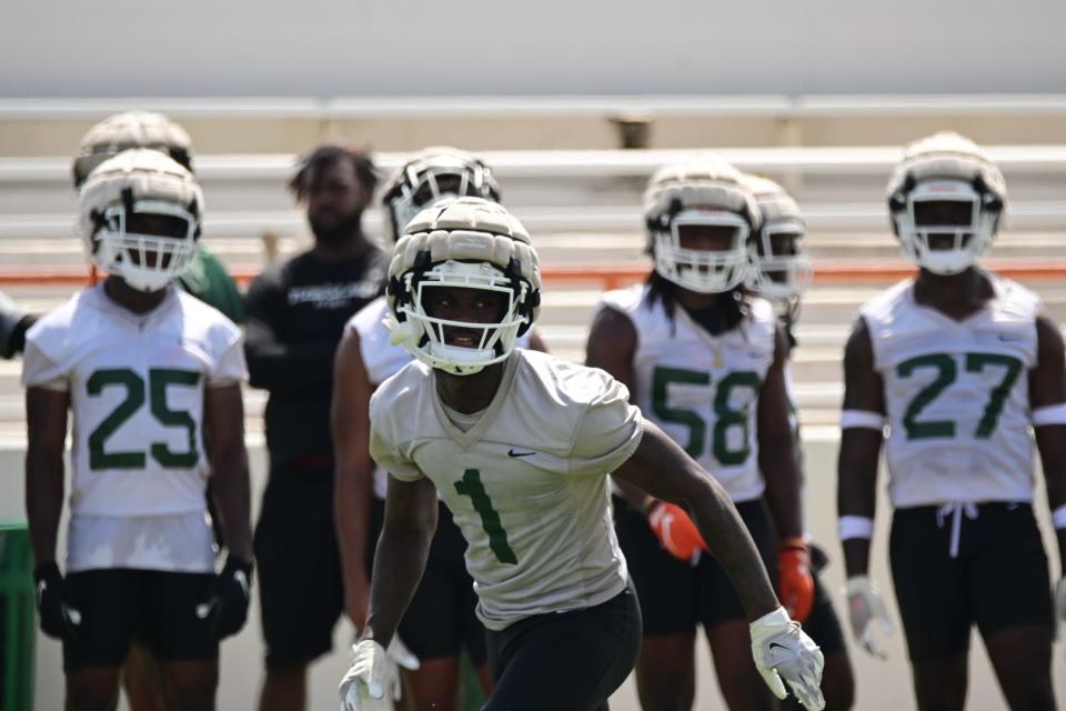 Florida A&M University safety Lovie Jenkins (1) drops back in coverage during fall practice, July 30, 2022