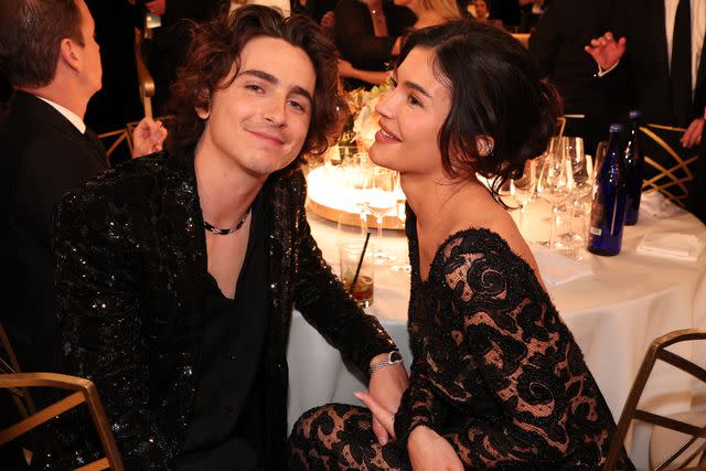 <p>Christopher Polk/Golden Globes 2024/Golden Globes 2024 via Getty</p> Timothée Chalamet and Kylie Jenner at the Golden Globes on Jan. 7, 2024