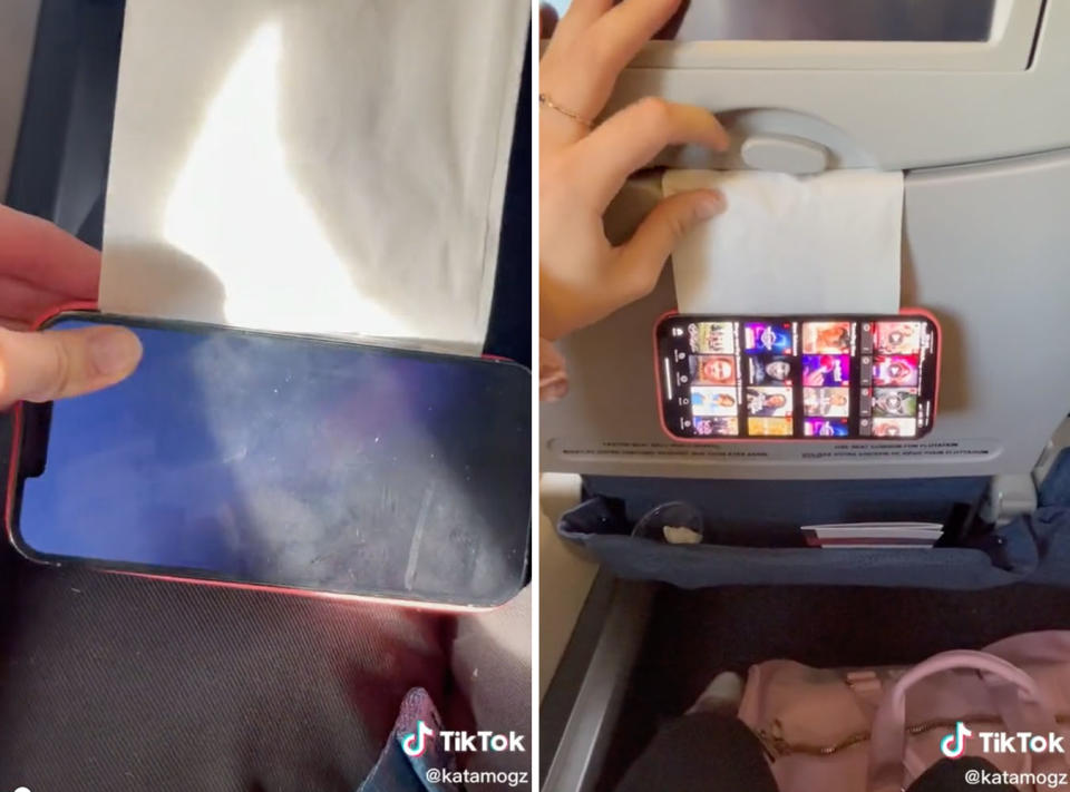 L: Photo of a sick bag being placed underneath a phone. R: Photo of a phone hanging from a sick bag over a tray table on a plane.