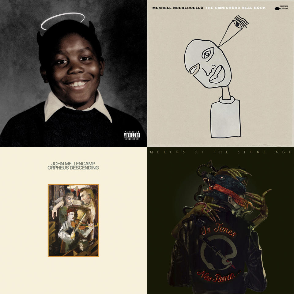 This combination of album cover images shows, clockwise from top left, “Michael" by Killer Mike, “The Omnichord Real Book” by Meshell Ndegeocello, “In Times New Roman…” by Queens of the Stone Age and “Strictly a One-Eyed Jack,” by John Mellencamp. (Loma Vista Recordings, clockwise from top left, Blue Note Records, Matador Records, Republic Records via AP)