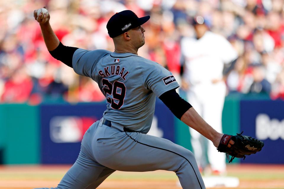 Tigers starting pitcher Tarik Skubal pitches during the first inning against the Guardians in Game 2 of the ALDS, Oct.. 7, 2024, in Cleveland.