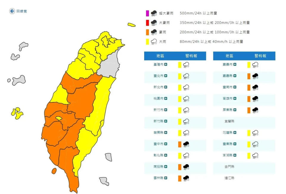 氣象署針對「19縣市」發布豪雨特報。（圖／中央氣象署）