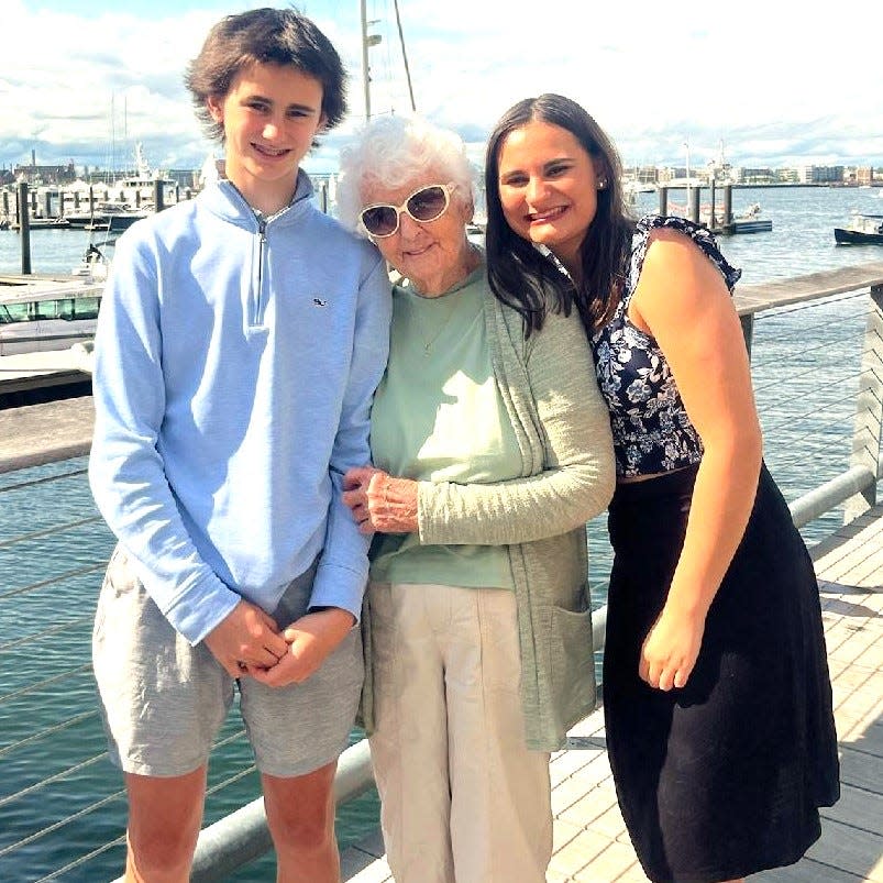Ellen Dunne, of Hanover, with two of her great-grandchildren, Liam, 14, left, and Lily, 17, right, in the summer of 2023.