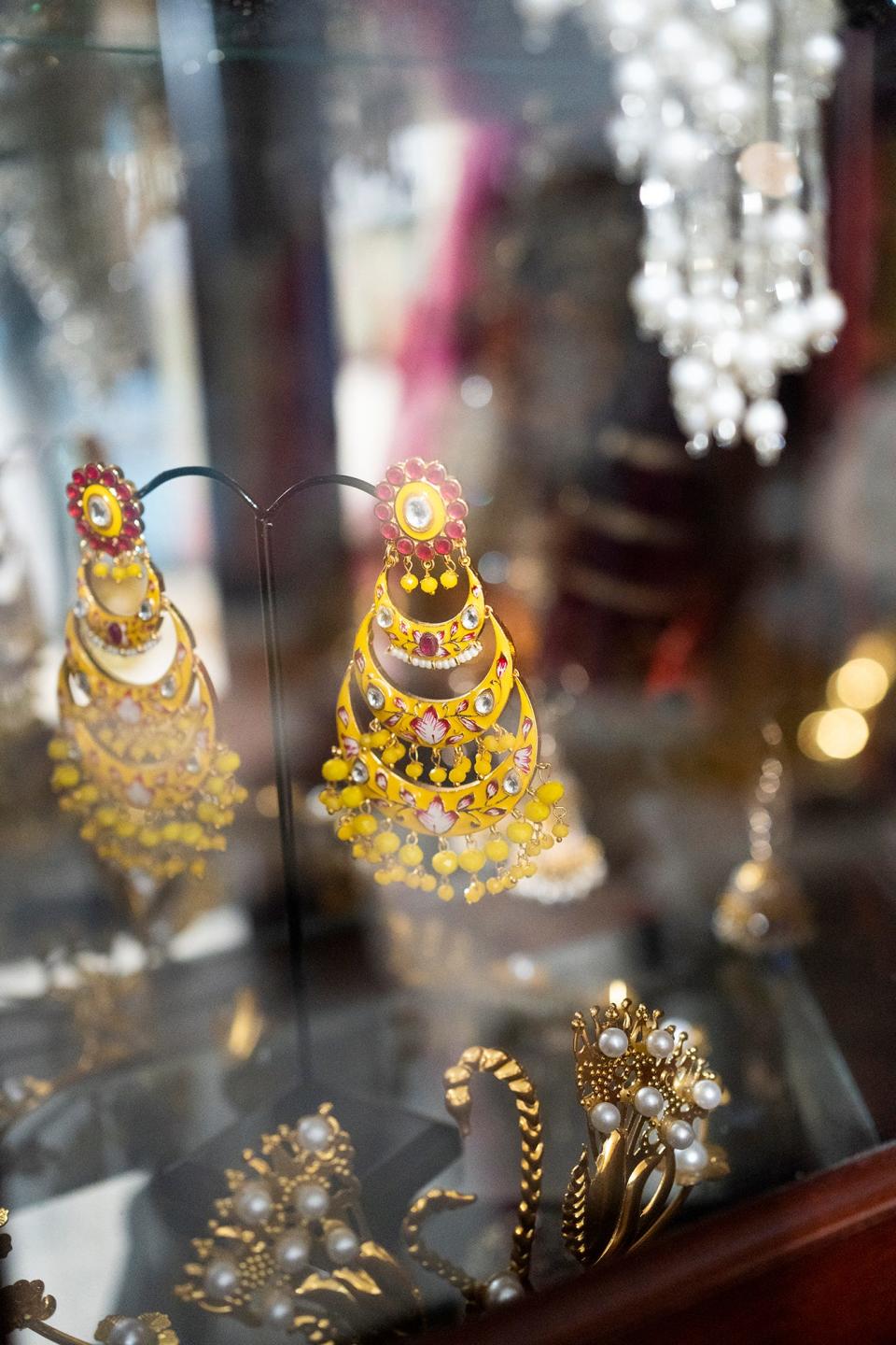 Earrings designed by Anjali Phougat, a Delaware County-based fashion designer, who is participating in New York Fashion Week. She created jewelry that Ellie Kemper wore as host of "The Great American Baking Show" and that Indian model Harnaaz Sandhu, Miss Universe 2021, wore on "The Daily Show with Trevor Noah."