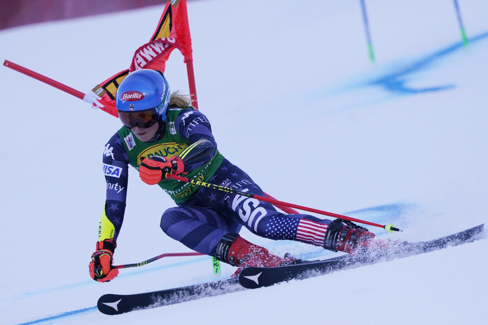 United States' Mikaela Shiffrin speeds down the course during an alpine ski, women's World Cup giant slalom, in Semmering, Austria, Tuesday, Dec. 27, 2022. (AP Photo/Giovanni Auletta)
