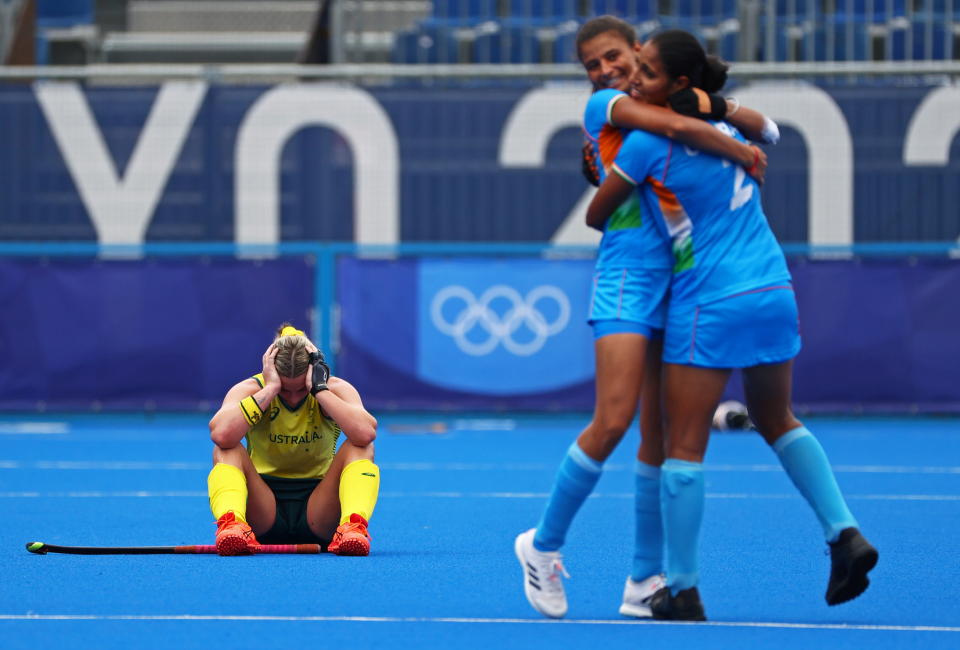 Tokyo 2020 Olympics - Hockey - Women - Quarterfinal - Australia v India - Oi Hockey Stadium, Tokyo, Japan - August 2, 2021. Mariah Williams of Australia reacts after they lost their match. REUTERS/Kim Hong-Ji