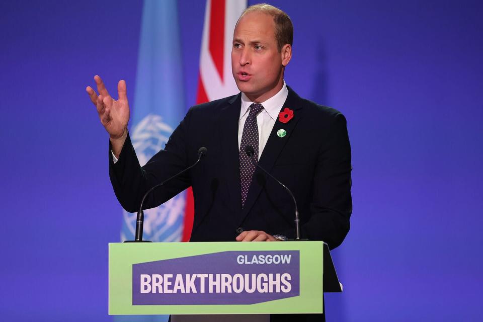 Prince William, Duke of Cambridge onstage during the World Leaders' Summit &quot;Accelerating Clean Technology Innovation and Deployment&quot; session on day three of COP26 at SECC on November 2, 2021 in Glasgow, United Kingdom. COP26 is the 2021 climate summit in Glasgow. It is the 26th &quot;Conference of the Parties&quot; and represents a gathering of all the countries signed on to the U.N. Framework Convention on Climate Change and the Paris Climate Agreement. The aim of this year's conference is to commit countries to net zero carbon emissions by 2050.