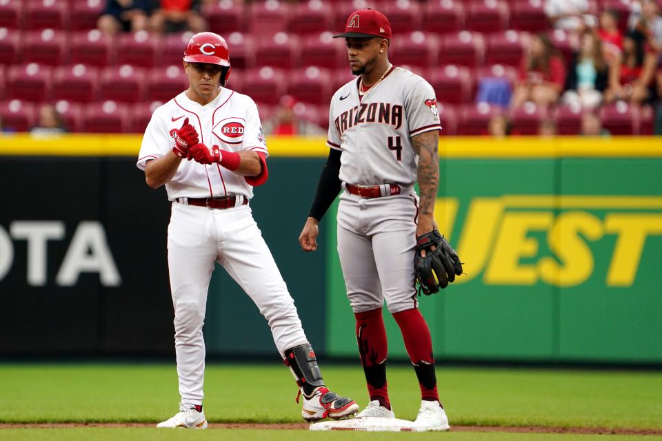 Cincinnati Reds second baseman Alejo Lopez (35) reacts after hitting a double in the second inning of a baseball game against the Arizona Diamondbacks, Monday, June 6, 2022, at Great American Ball Park in Cincinnati. 