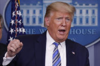 President Donald Trump speaks about the coronavirus in the James Brady Briefing Room, Monday, March 23, 2020, in Washington. (AP Photo/Alex Brandon)