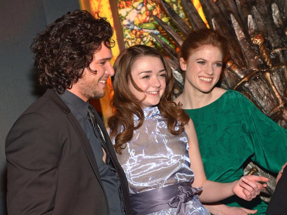 Kit Harington Rose Leslie and Maisie Williams at Game of Thrones exhibit march 2013 getty 