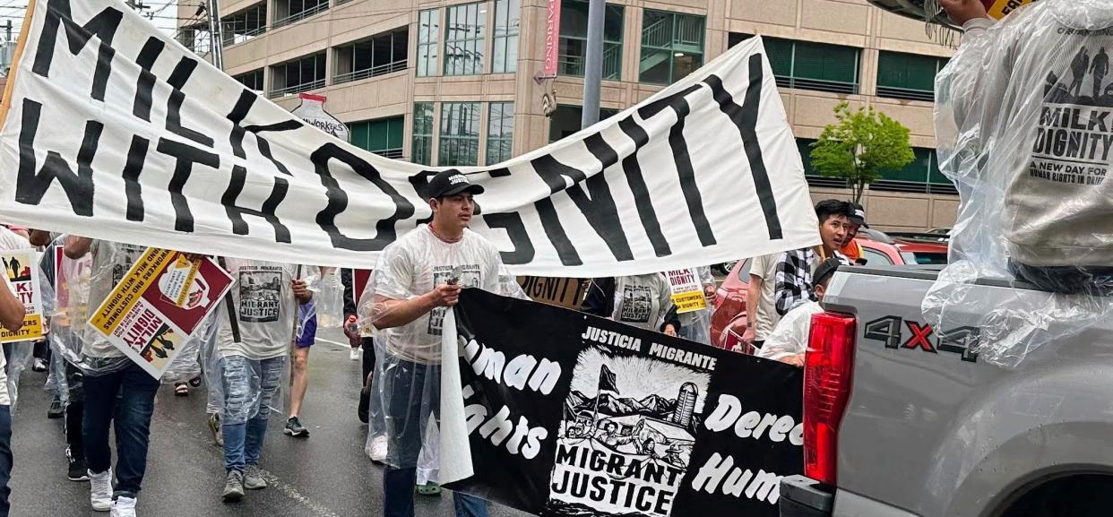 Bernardino Suchite Canan (center) marches with farmworkers in Portland, Maine, to urge Hannaford Supermarket to join Migrant Justice's Milk with Dignity Program. Undated photo.