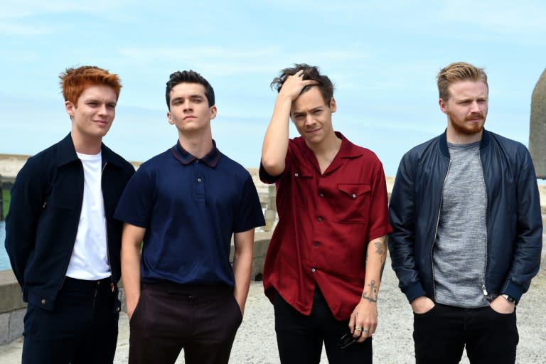 "Dunkirk" actors (from left to right) Tom Glynn-Carney, Fionn Whitehead, Harry Styles and Jack Lowden pose for a photocall in Dunkirk