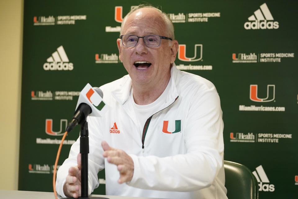 Miami head coach Jim Larranaga speaks during the school's NCAA college basketball media day, Friday, Oct. 7, 2022, in Coral Gables, Fla. (AP Photo/Marta Lavandier)