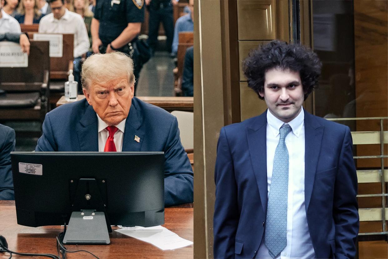 Donald Trump in court on one side and Sam Bankman-Fried in front of a building on the other.